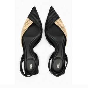 Zara  Woven slingback Raffia flats Black and Tan Flats with Pointed Toe
